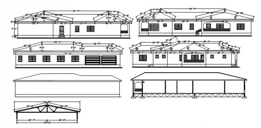 House single level elevations and sections drawing details dwg file