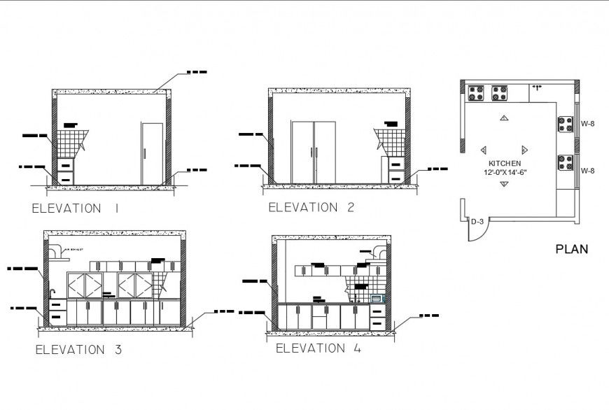 House small kitchen all sided elevation and plan details dwg file
