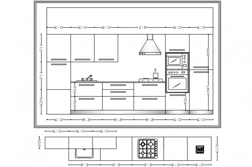 House small kitchen section and layout plan cad drawing details dwg file