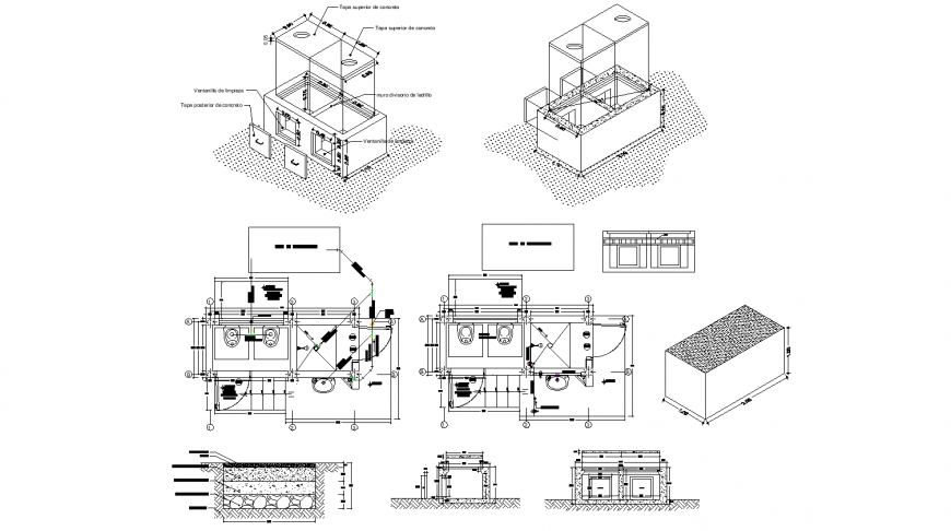 House small toilet elevation, section, plan and sanitary installation details dwg file