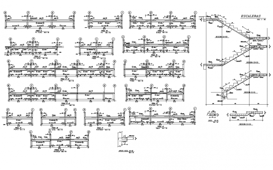 House structure view with beam elevation with stair detail dwg file