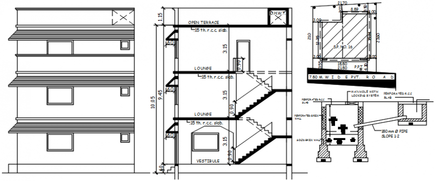 House three level main elevation, section and structure details dwg file