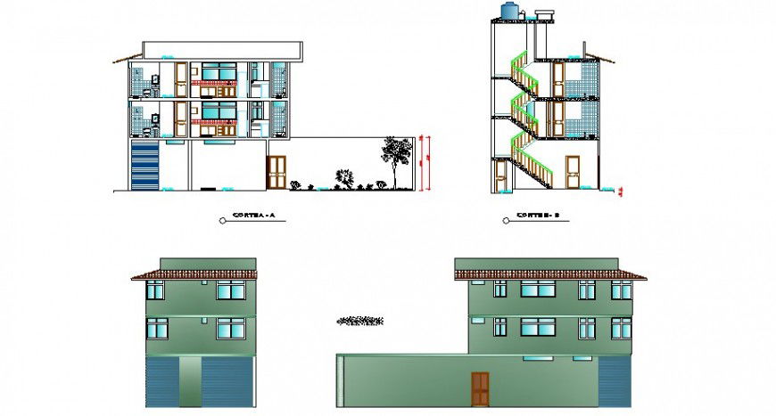 House three story elevation and section auto-cad drawing details dwg file