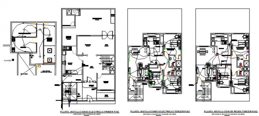 House three story floor plan and electrical installation drawing details dwg file