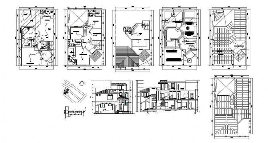 House three story main elevation, section, plan and auto-cad drawing details dwg file