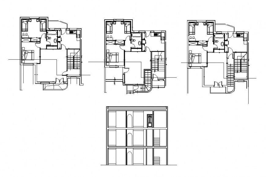 House three story main elevation and floor plan cad drawing details dwg file