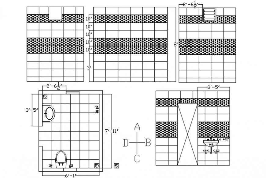 House toilet all sided elevation, section and plan details dwg file