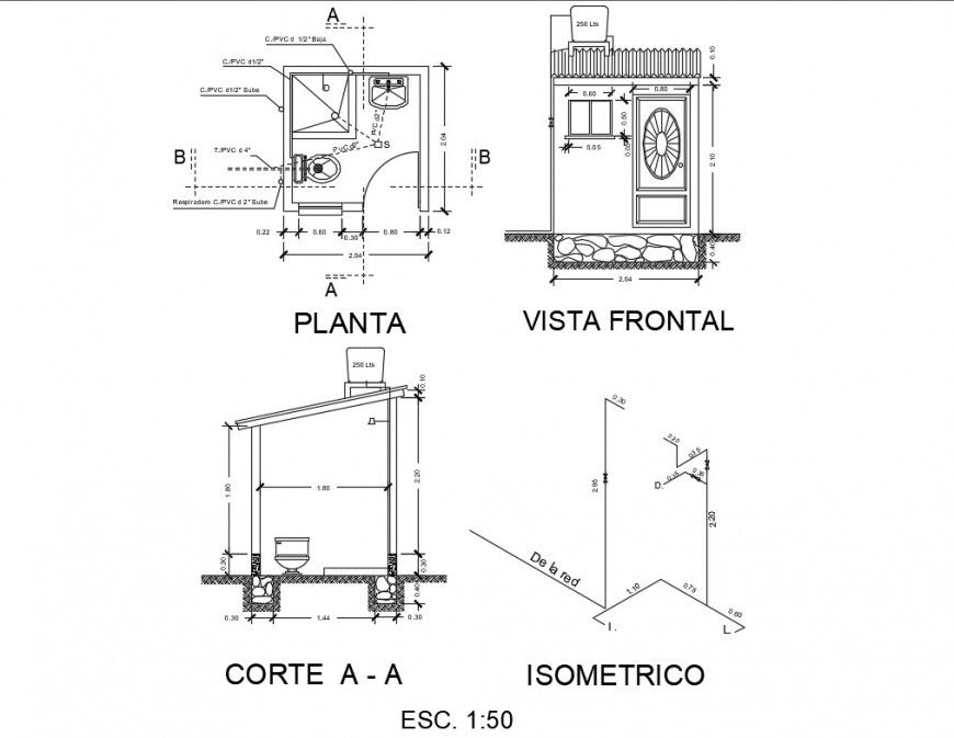 House toilet elevation, section, plan and installation details dwg file