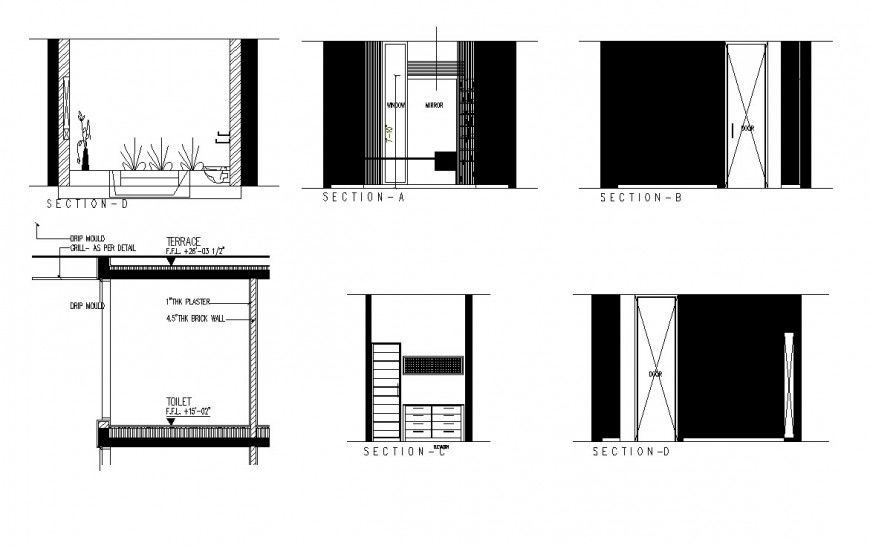 House toilet elevation, section and installation cad drawing details dwg file