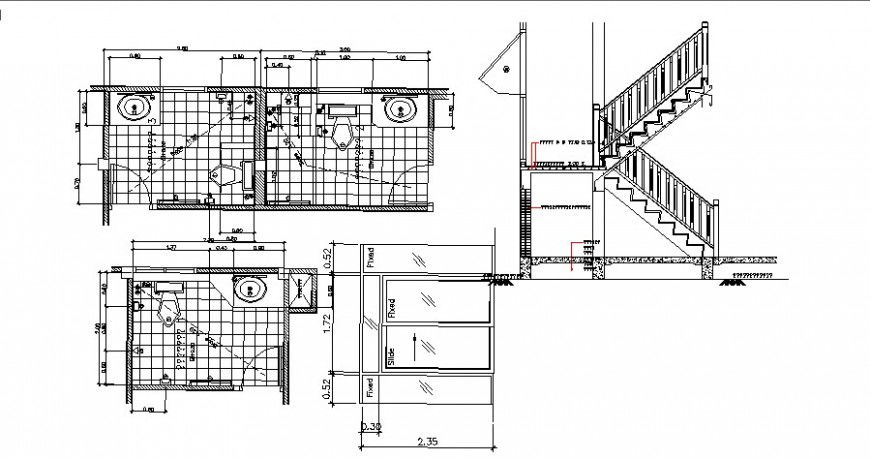 House toilet plan and sanitary installation details with staircase dwg file