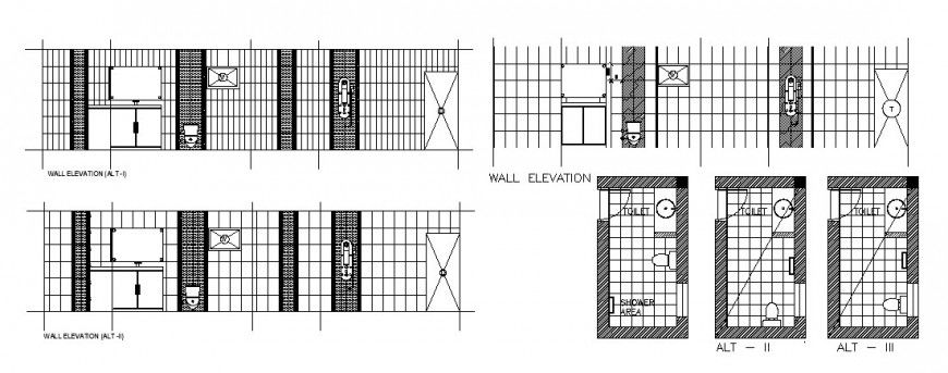 House toilet wall elevation, section and sanitary installation details dwg file