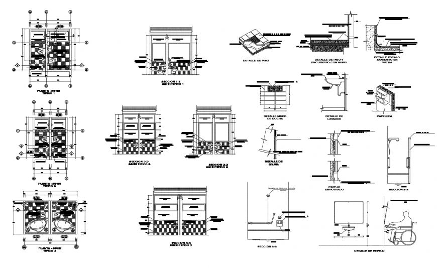 House toilet with bathtub sections, plan and installation details dwg file