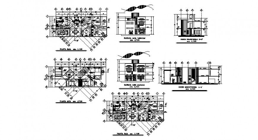 House two-flooring elevation, section, floor plan and structure drawing details dwg file
