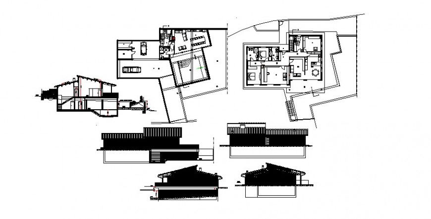 House two-flooring elevation, section and floor plan cad drawing details dwg file