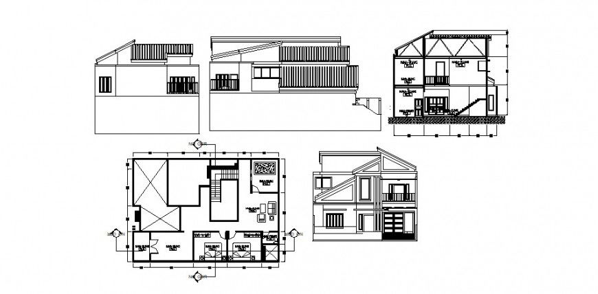 House two flooring elevation, section and plan cad drawing details dwg file