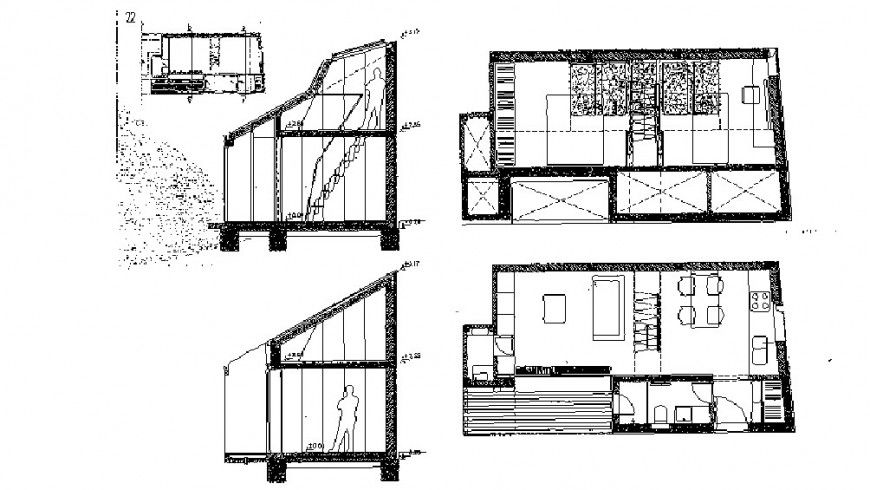 House two level constructive section and floor plan cad drawing details dwg file