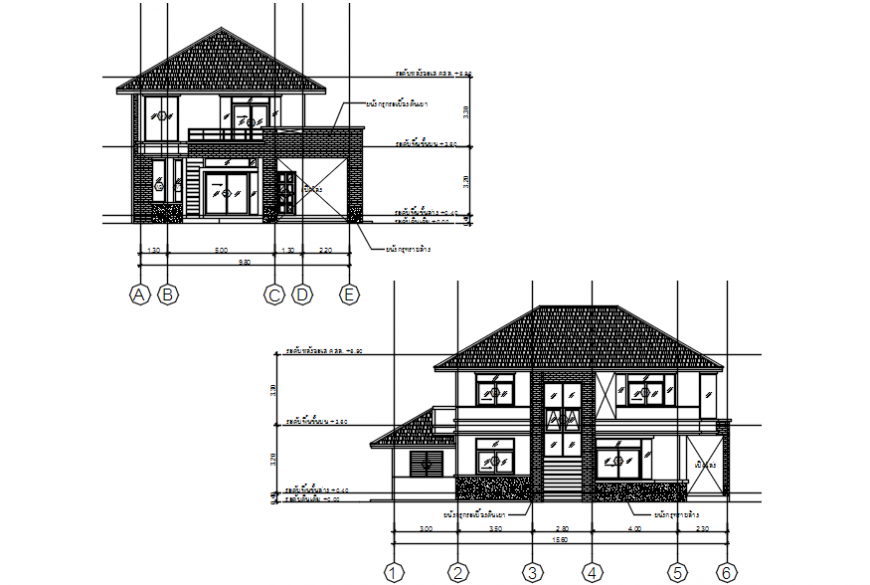House two level front and back elevation cad drawing details dwg file
