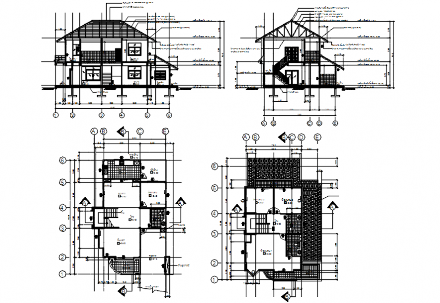 House two level main and back section and floor plan drawing details dwg file