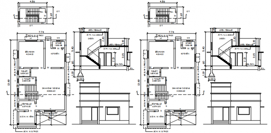 House two level unit elevation, section and floor plan details dwg file