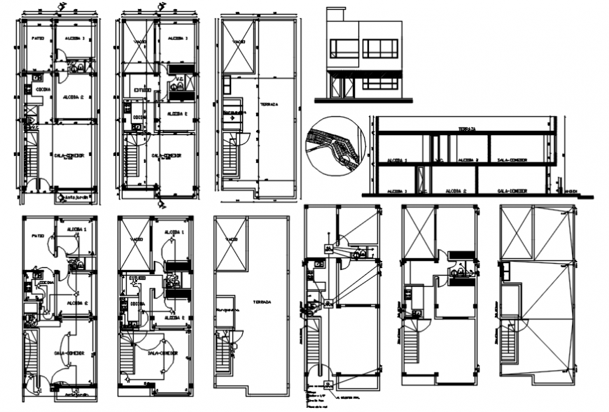 House two story all sided section, main elevation and floor plan cad drawing details dwg file