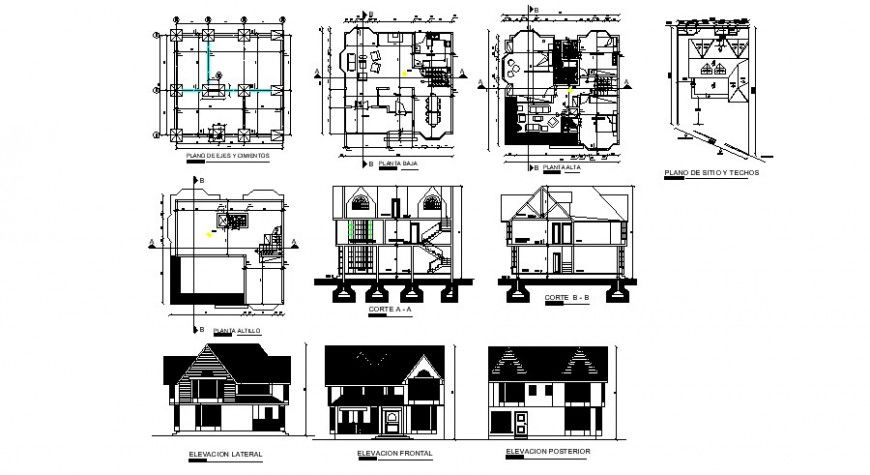 House two story elevation, section, floor plan, foundation and structure details dwg file