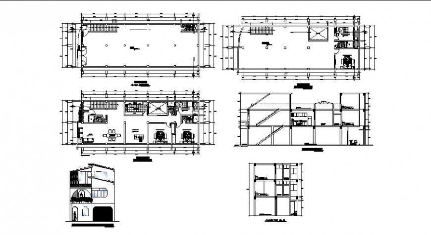 House two story elevation, section, floor plan and cover plan details dwg file
