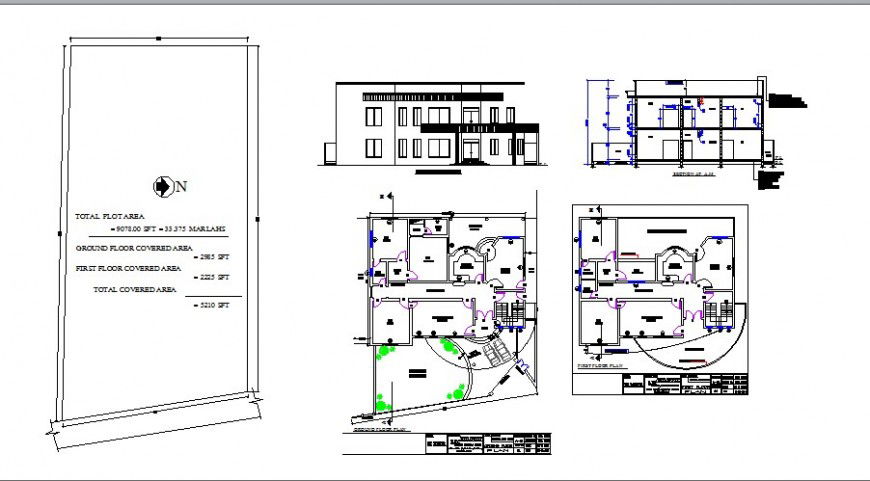 House two story elevation, section and floor plan cad drawing details dwg file