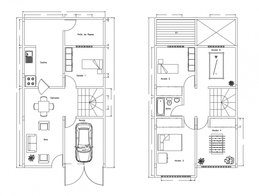 House two story ground and first floor plan cad drawing details dwg file