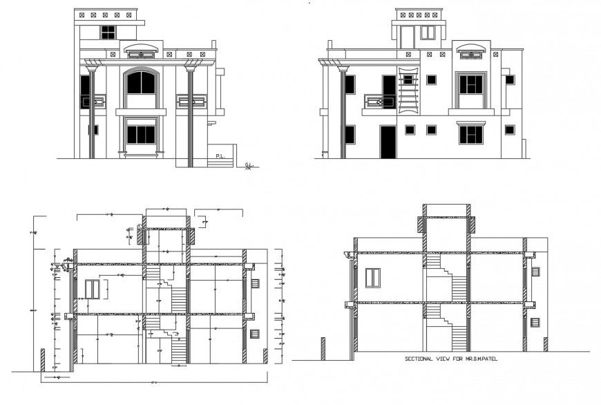 House two story main and back elevation and section cad drawing details dwg file