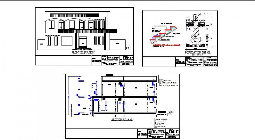 House two story main elevation, section and staircase structure drawing details dwg file