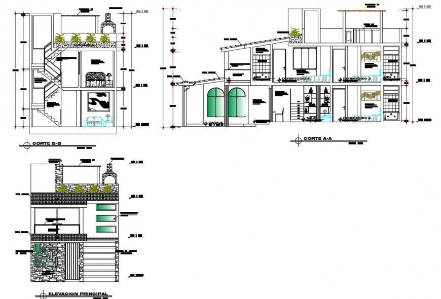 House two story main elevation and section details dwg file