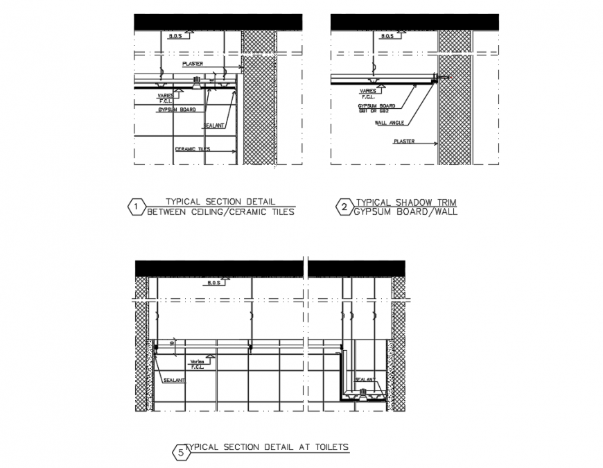 House typical section details between ceiling and ceramic construction details dwg file