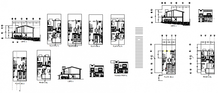 House with a yard, plan, elevation and section view dwg file