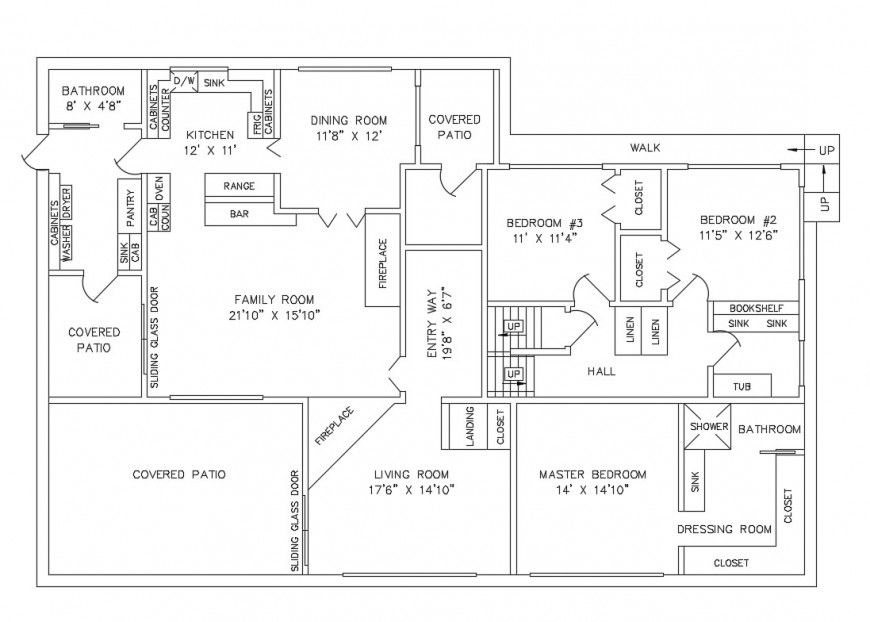 House with three bedroom distribution plan cad drawing details dwg file