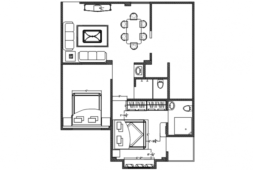 House with two bedrooms layout plan cad drawing details dwg file