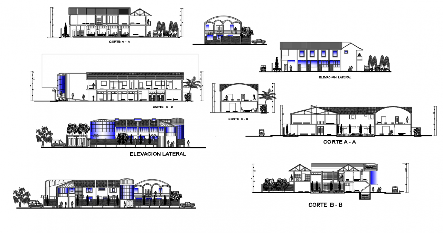Housing apartment detail elevation and section 2d view dwg file