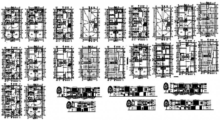 Housing apartment drawings plan elevation and sectional details 2d view in dwg format