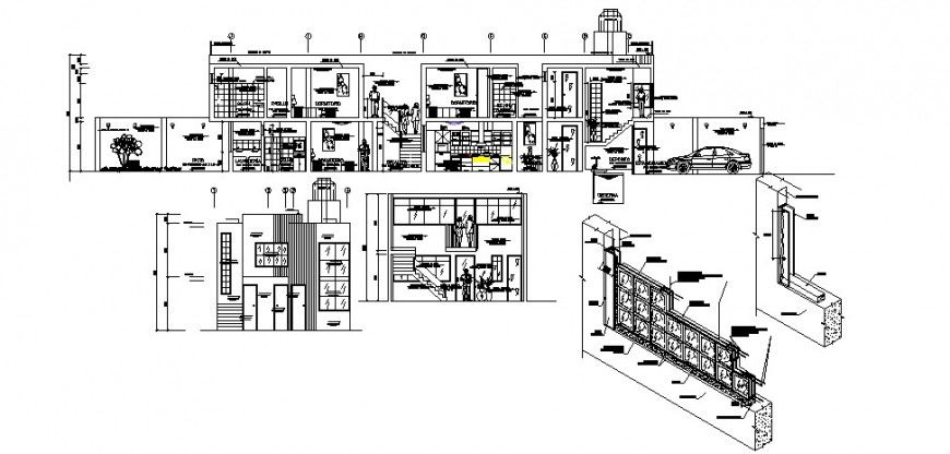 Housing area different axis elevation with tank and detail in AutoCAD