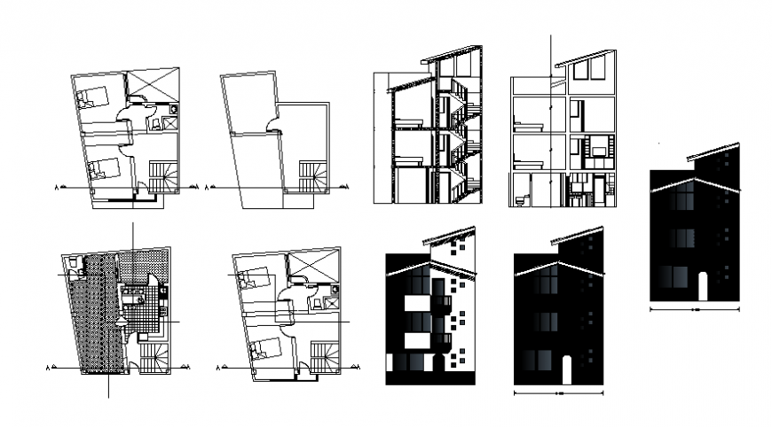 Housing blocks 2d view floor plan elevation and section dwg autocad file