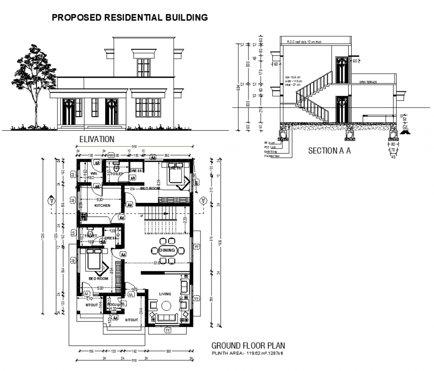 Housing building structure detail plan, elevation and section 2d view dwg file