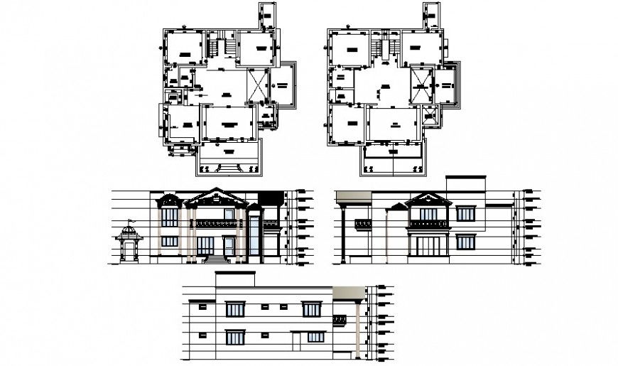 Housing bungalow drawings 2d view elevation plan dwg autocad file