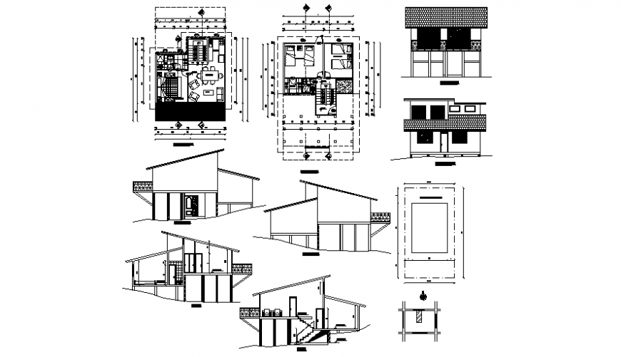Housing bungalow drawings 2d view plan elevation and section dwg file