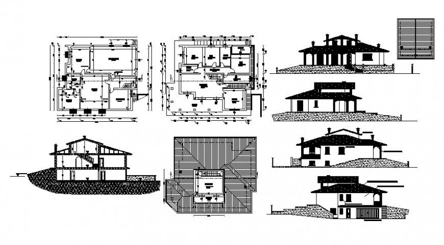 Housing bungalow drawings detail 2d view elevation plan and section dwg file