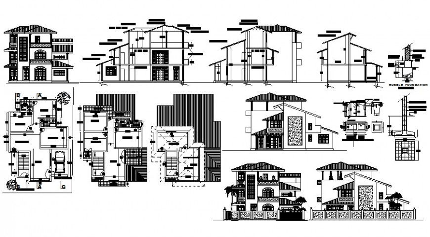 Housing bungalow drawings detail 2d view work plan elevation autocad software file