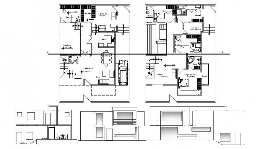 Housing bungalow drawings details plan elevation and section dwg file