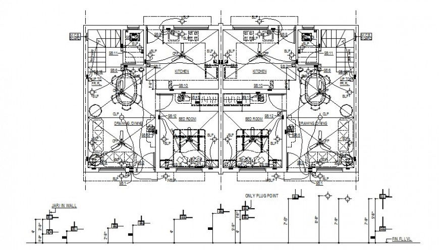 Housing bungalow drawings with furniture details autocad file
