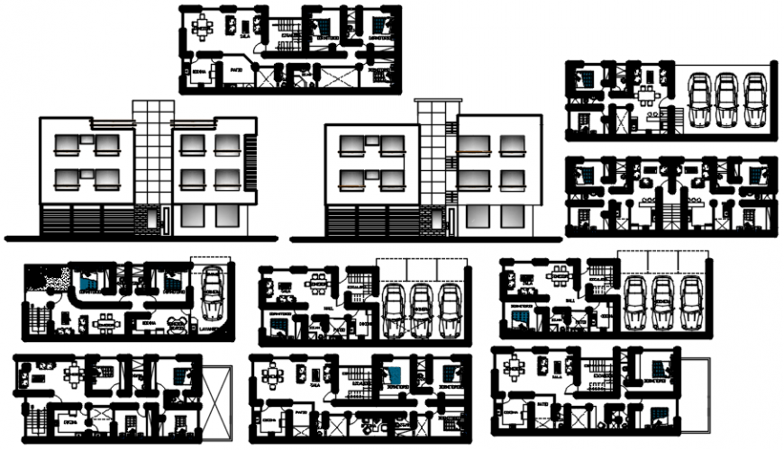 Housing floor plan with elevation and parking area in AutoCAD file