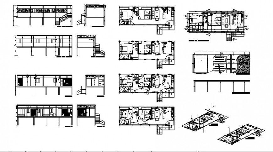 Housing floors isometric view, electrical layout plan and auto-cad details dwg file