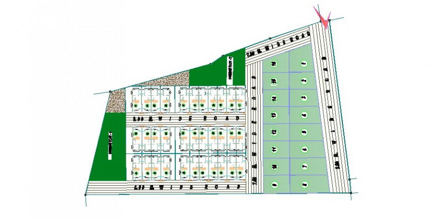 Housing plot, site plan and landscaping details for residential houses dwg file