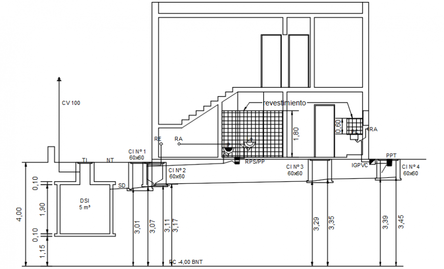 Housing project section of a house showing plumbing layout cad file